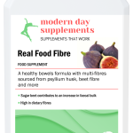 “A tub of 'Real Food Fibre' capsules.” Description: The image shows a container of 'Real Food Fibre' capsules, a unique dietary fibre supplement.