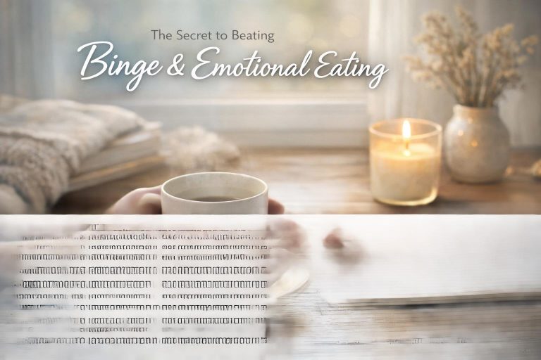 Cozy home scene with a warm drink, candle, and soft blanket; headline reads 'The Secret to Beating Binge & Emotional Eating'.